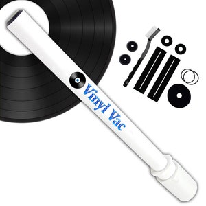 May include: A white vinyl record cleaning vacuum with a blue "Vinyl Vac" logo. The vacuum is shown with a black vinyl record, a cleaning brush, and other cleaning accessories.