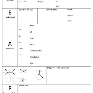 May include: A black and white printable nursing student brain chart with sections for situation, background, assessment, recommendation, and plan of care. The chart includes fields for vital signs, diagnosis, procedures, and lab results.