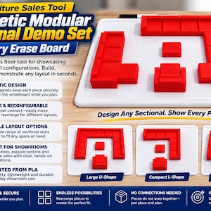 May include: A magnetic modular sectional demo set featuring a white dry erase board and multiple red sofa components. The set includes text labels such as Furniture Sales Tool, Magnetic Modular Sectional Demo Set, and Design Any Sectional.