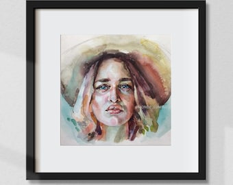 Girl In Hat Portrait, Watercolor Sketch, Original Painting, Expressive Portrait