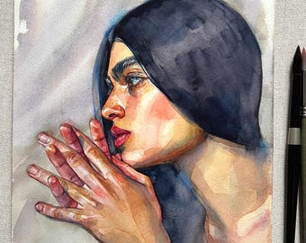 Hand Painted Watercolor Portrait, Dark Hair Woman Wall Art