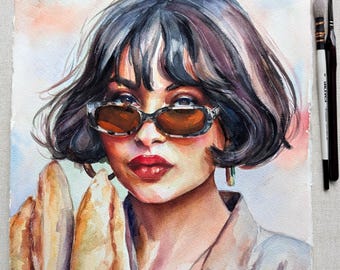 Frenchwoman Watercolor Portrait, Original Hand Painted Art
