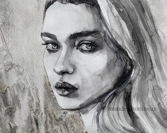 Sad Girl Watercolor Portrait, Black and White Painting, Emotional Art, Wall Decor,