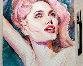 Angelina Jolie Inspired Art, Expressive Watercolor Portrait