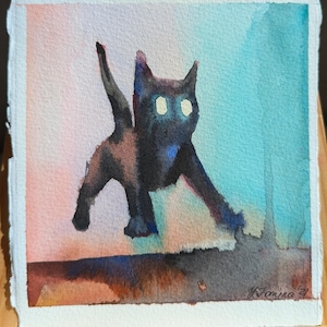 Original Watercolor Cat Sketch: Whimsical Black Cat Painting