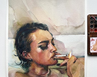 Smoking Girl Portrait, Emotional Watercolor Art, Home Decor