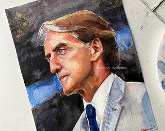 Roberto Mancini OriginalGemälde, Aquarell Portrait, FußballKunst, Euro 2020