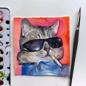Dipinto di gatto fumatore, arte meme, illustrazione divertente, arte originale ad acquerello, mini dipinto, idee regalo, arte dipinta a mano, arte murale