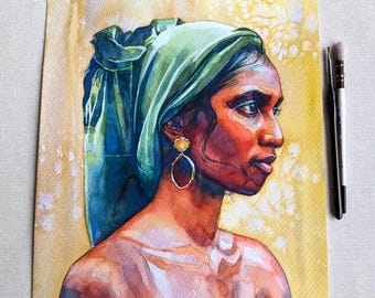 Ethnic Woman Watercolor Painting, Vibrant Original Portrait Art