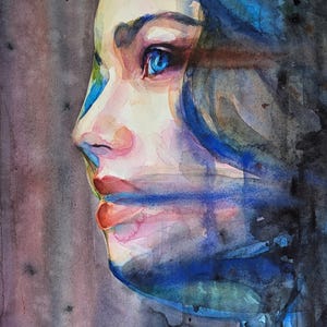 Blue Eye Woman Portrait, Watercolor Original Art, Handmade Feminine Painting, Abstract Face Art