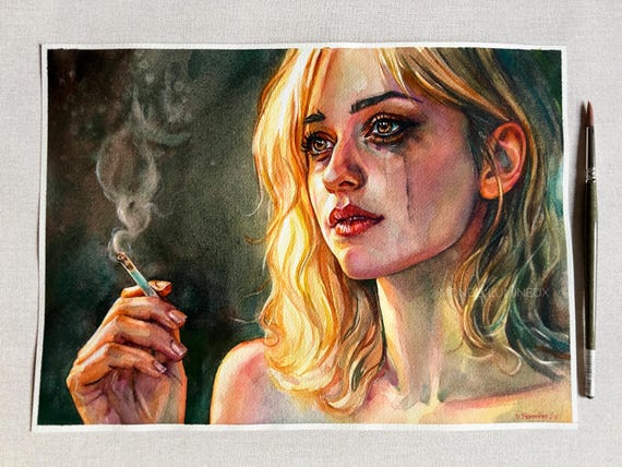 painting over cigarette smoke Smoking Girl Watercolor Original, Emotional Blonde Portrait Painting, One of a Kind Fine Art best paint to cover cigarette