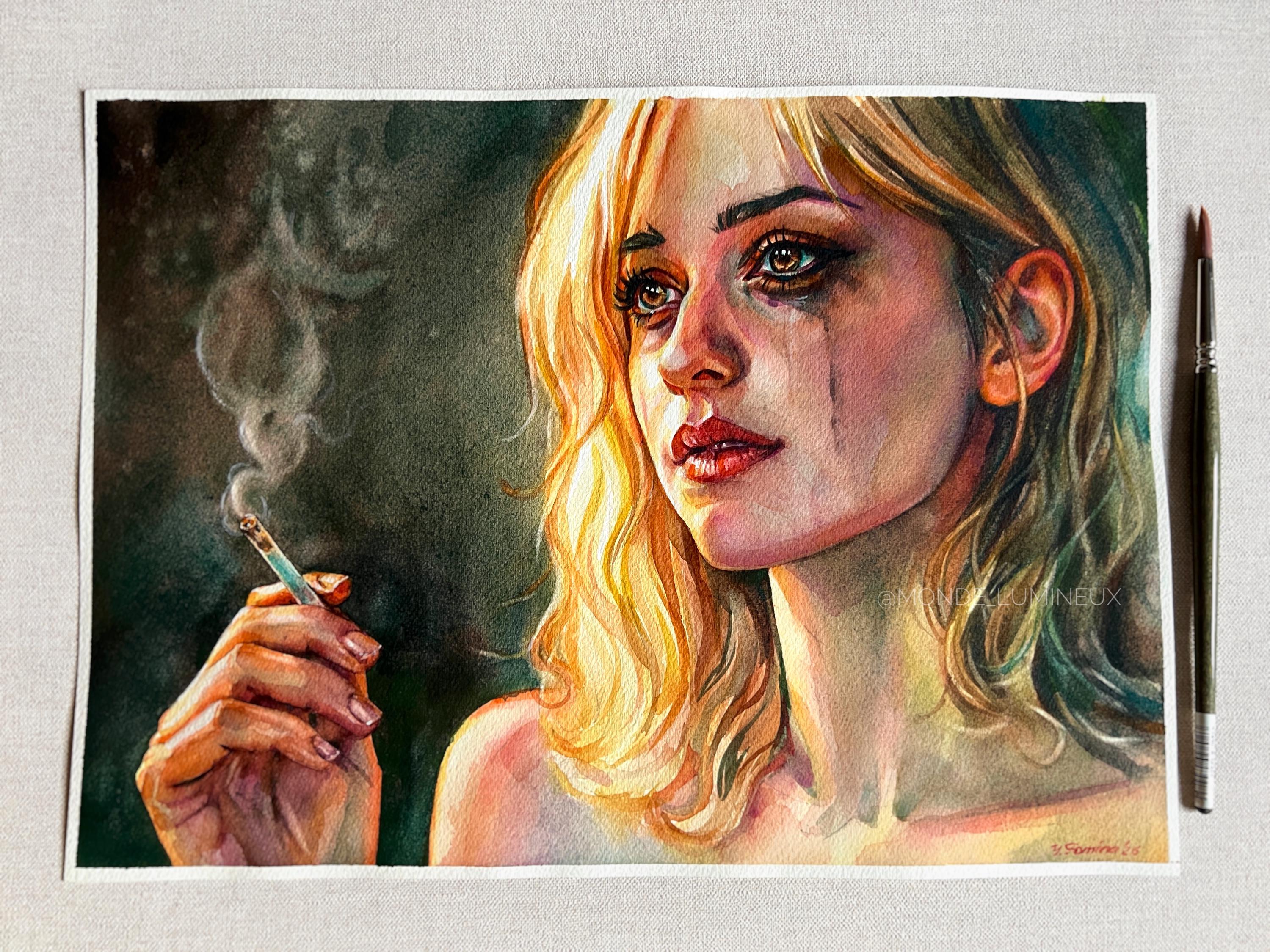 cigarette smoke painting Smoking Girl Watercolor Original, Emotional Blonde Portrait Painting, One  of a Kind Fine Art
