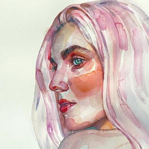 Ritratto di donna dai capelli rosa, dipinto originale ad acquerello, opera d'arte femminile fatta a mano, opera d'arte unica nel suo genere