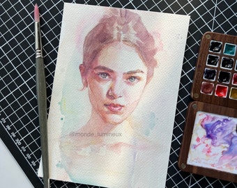 Beautiful Woman Portrait, Watercolor Mini Painting, Original Artwork,