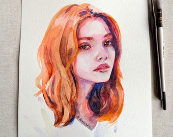Red-Haired Woman Watercolor Portrait, Minimal Feminine Art, One of a Kind Painting