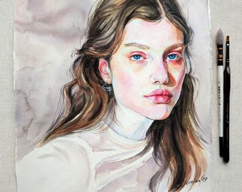 少女の肖像 水彩画 手描きの少女の肖像画：合成皮革に描かれた8x10の水彩画 - Etsy 日本