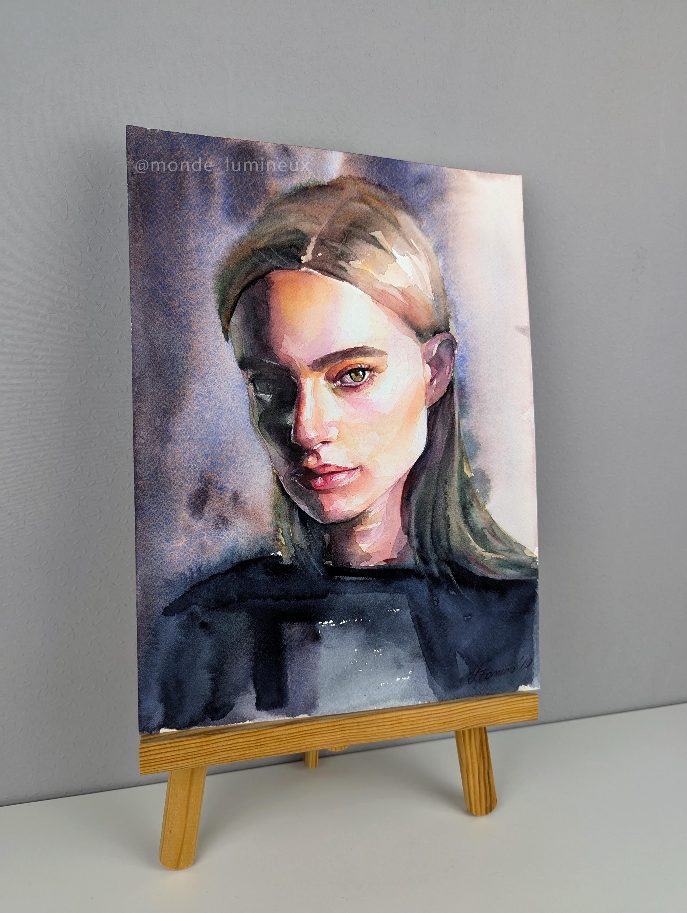 水彩画 女性の肖像 生ぬるい モノクローム 手描き