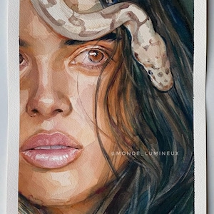 Girl And Snake Hand Painted Art, Original Watercolor Painting,  Woman Portrait