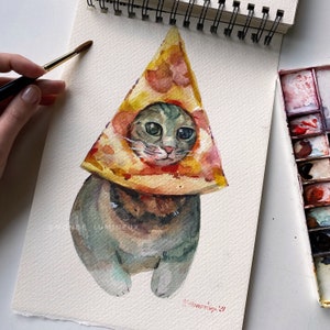 Cat meme Art, Opere d'arte acquerello originali, Ritratto di gatto, Pet Art, Cat with Pizza Art, Cat memes, Cat Illustration Art