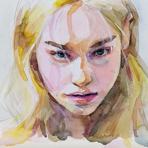 Original Watercolor Portrait Painting: Expressive Woman with Intense Gaze