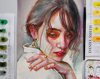 Sad Girl Portrait, Watercolor Painting, Hand Painted Wall Art