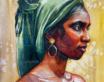 Beautiful Girl Portrait, Hand-Painted Watercolor Painting, Feminine Art, Fine Art, Wall Art, In a single copy painting