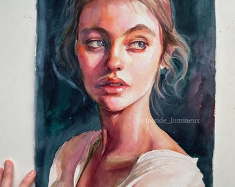 Beautiful Woman Watercolor Painting, Female Portrait, Realism Colorful Portrait, Home Decor