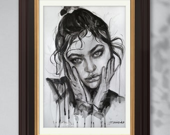 Sad Girl Watercolor Portrait,  Dark Art, Modern Art, Fashion Art, Black and White Painting, Unique Painting, Wall Painting