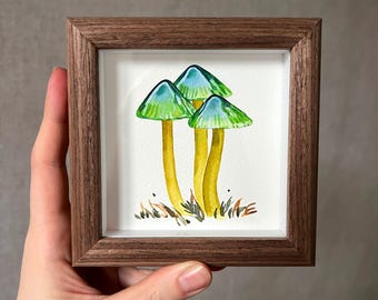 Original Pilz Kunst, klein gerahmtes Aquarell, Unikat