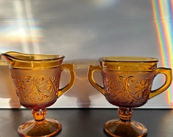 Vintage Tiara Glass Amber Sugar Creamer set