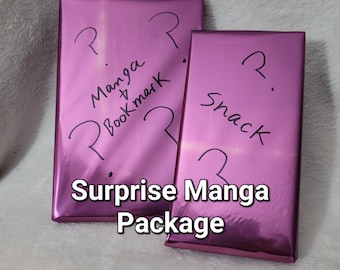 May include: Two rectangular packages wrapped in shiny metallic pink paper. The larger package has handwritten text reading Manga + Bookmark, and the smaller one reads Snack. Both feature question marks. The text Surprise Manga Package is overlaid.