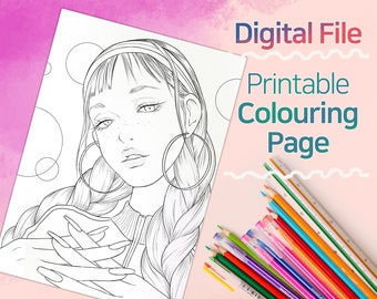 Retro girl coloring page for adults - Printable coloring page