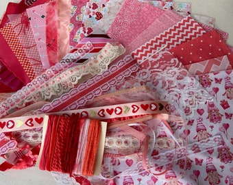 Fat sixteen fabric bundle, Ribbon and lace, Yarn, Valentine's Day fabric, Mix media bundle.