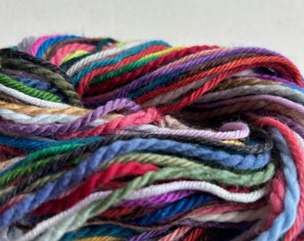May include: A close-up of a pile of colorful yarn, including shades of red, blue, green, purple, and white.