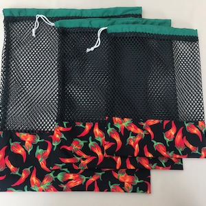 Fabric produce bags, Single or set veggie/fruit mesh bags, Set of 2 or 3 produce bags, 3 sizes, Reusable produce bags. Washable veggie bags.