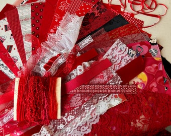 Fat sixteen fabric bundle, Ribbon and lace, Yarn, Valentine's Day fabric, Mix media bundle, Red hearts and roses