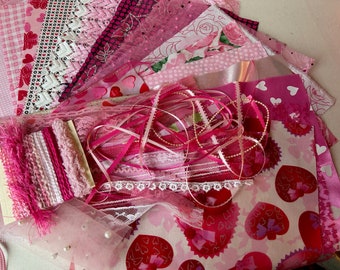 Fat sixteen fabric bundle, Ribbon and lace, Yarn, Valentine's Day fabric, Mix media bundle, Pink hearts and roses