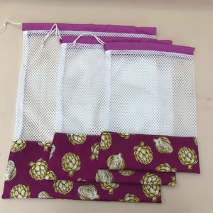 Fabric produce bags, Single or set veggie/fruit mesh bags, Set of 2 or 3 produce bags, 3 sizes, Reusable produce bags. Washable veggie bags.