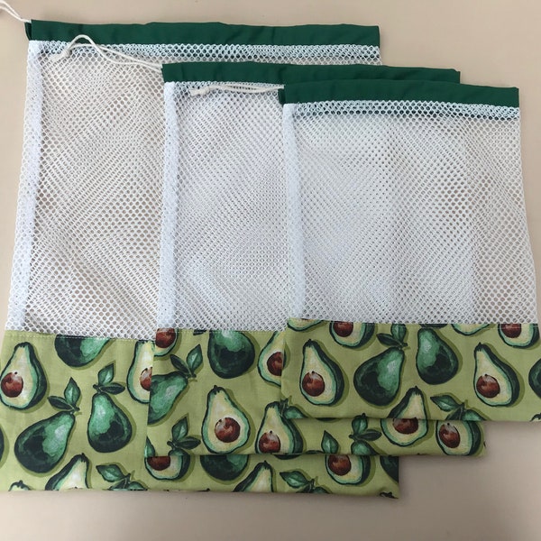 Fabric produce bags, Single or set veggie/fruit mesh bags, Set of 2 or 3 produce bags, 3 sizes, Reusable produce bags. Washable veggie bags.