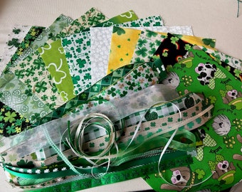 Fat sixteen fabric bundle, St. Patrick fabric and ribbon