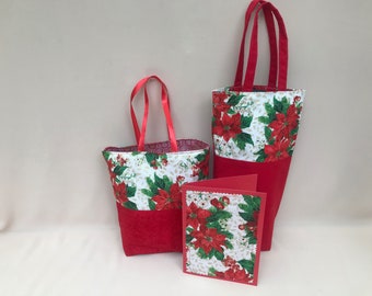 Handmade Christmas Fabric Gift Bag, Holiday Card, Reusable Cotton Lined