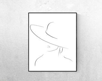 Women in Hat Art Digital Download, Simple Line, Summer Hat Line Art,  Printable Art, Women Line Art, Black And White Art, Female Line Art