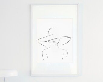 Summer Hat Line Art, Women in Hat Art Digital Download, Simple Line Print, Printable Art, Women Line Art, Black and White, Female Line Art