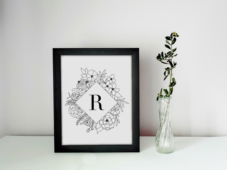 Floral Monogram, Floral Letters, Monogram Digital Art, Line Art Digital Download, Typography Wall Art, Printable Monogram Art Simple Florals