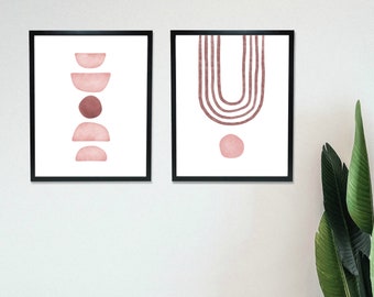 Abstracte aquarel kunst aan de muur, Scandinavische kunstprint uit het midden van de eeuw, hedendaagse kunst aan de muur, minimalistisch wanddecor, kastanjebruin en roze afdrukbaar