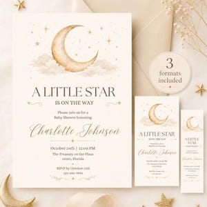 May include: A baby shower invitation set featuring a watercolour crescent moon and stars on a cream background. The text reads A LITTLE STAR IS ON THE WAY, honouring Charlotte Johnson on October 24th at 12:00 PM at The Treasury on the Plaza, Florida.