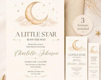 May include: A baby shower invitation set featuring a watercolor crescent moon and stars on a cream background. The text reads A LITTLE STAR IS ON THE WAY, honoring Charlotte Johnson on October 24th at 12:00 PM at The Treasury on the Plaza, Florida.
