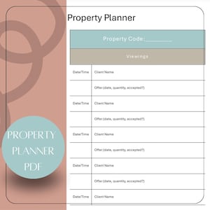 Peut inclure: Un planificateur immobilier imprimable avec un fond brun clair et un cercle contenant le texte "PROPERTY PLANNER PDF". Le planificateur comprend des sections pour le code de la propriété, les visites, la date/heure, le nom du client et les détails de l'offre.