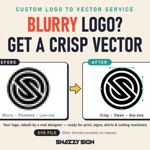 Può includere: Un annuncio grafico per un servizio di conversione di loghi in vettori. Il testo recita: CUSTOM LOGO TO VECTOR SERVICE, BLURRY LOGO? GET A CRISP VECTOR. Un confronto prima e dopo mostra un logo pixelato rispetto a un logo vettoriale nitido.