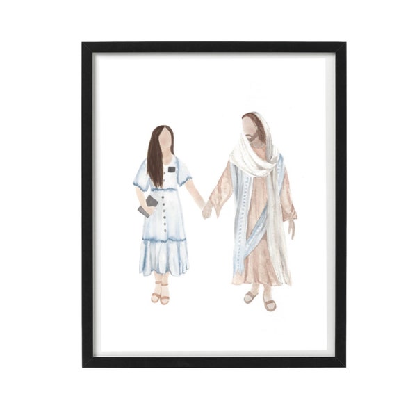 Sœur missionnaire et Jésus-Christ se tenant la main LDS Wall Art aquarelle, cadeaux pour les missionnaires